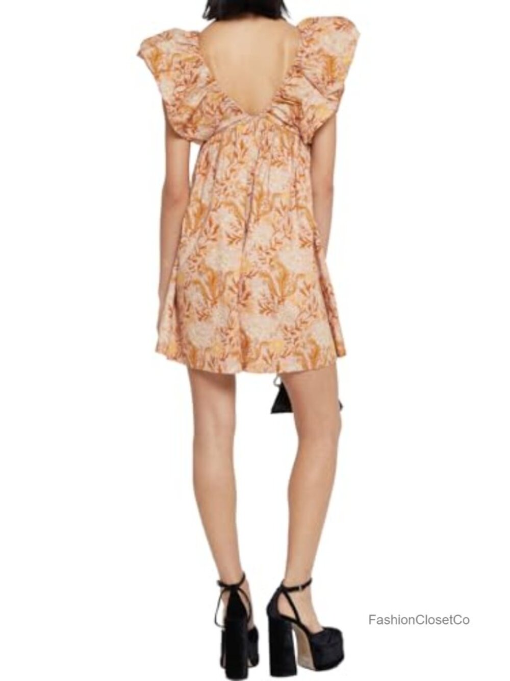 Floral Print V Neck Puff Sleeve Mini Babydoll Dress - Picture 4 of 6